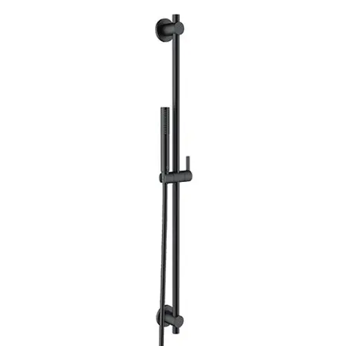 Schwarzes Brause-Set von Kludi mit Halterung, Schlange und Handbrause, montiert an einer Wand. Es zeigt eine minimalistische Bauart ohne zusätzliche Verzierungen.